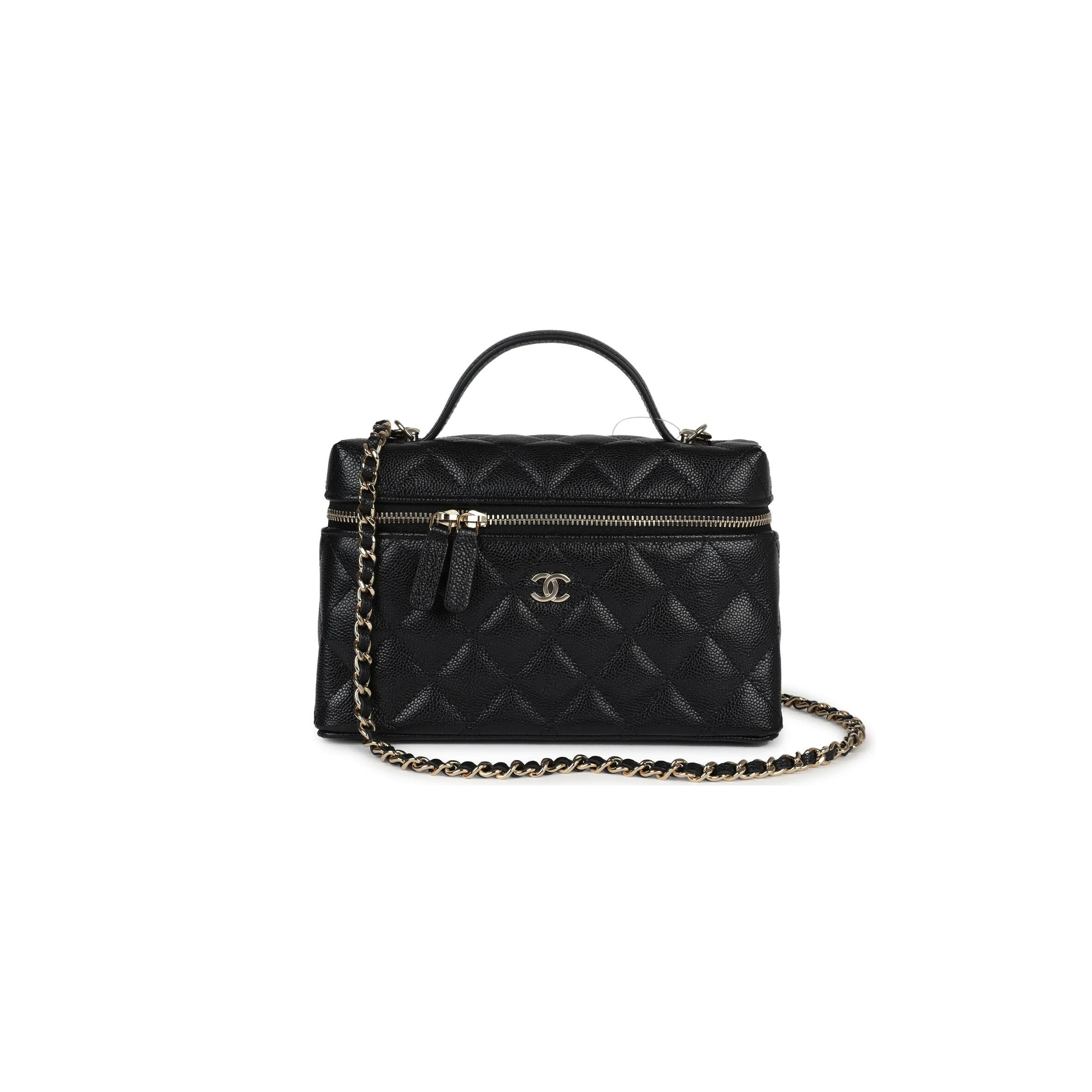 Ch*el cc top handle long vanity case with chain black shiny caviar light gold hardware 1109942 (19.5*17*5cm)